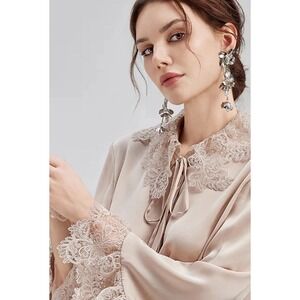 RICHRADIQS Champagne Lace Collar Silk Blouse Top Women Elegant Statement